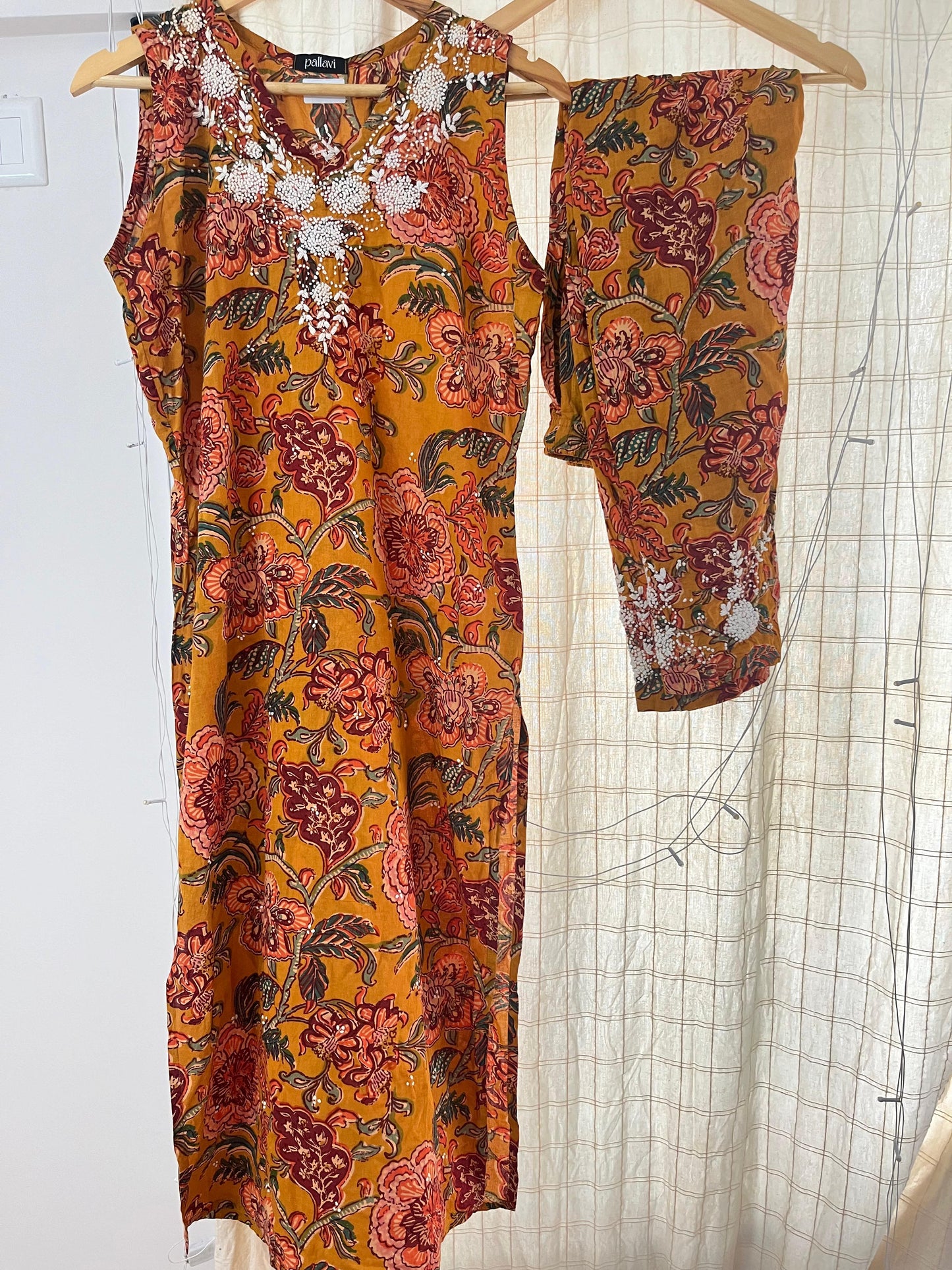 Sleeveless Straight Kurti and pant PRE-ORDER - Floral Yellow Red 1
