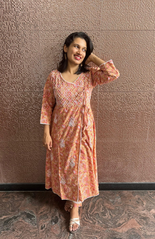 Angrakha Kurti and pant - Floral Peach Orange