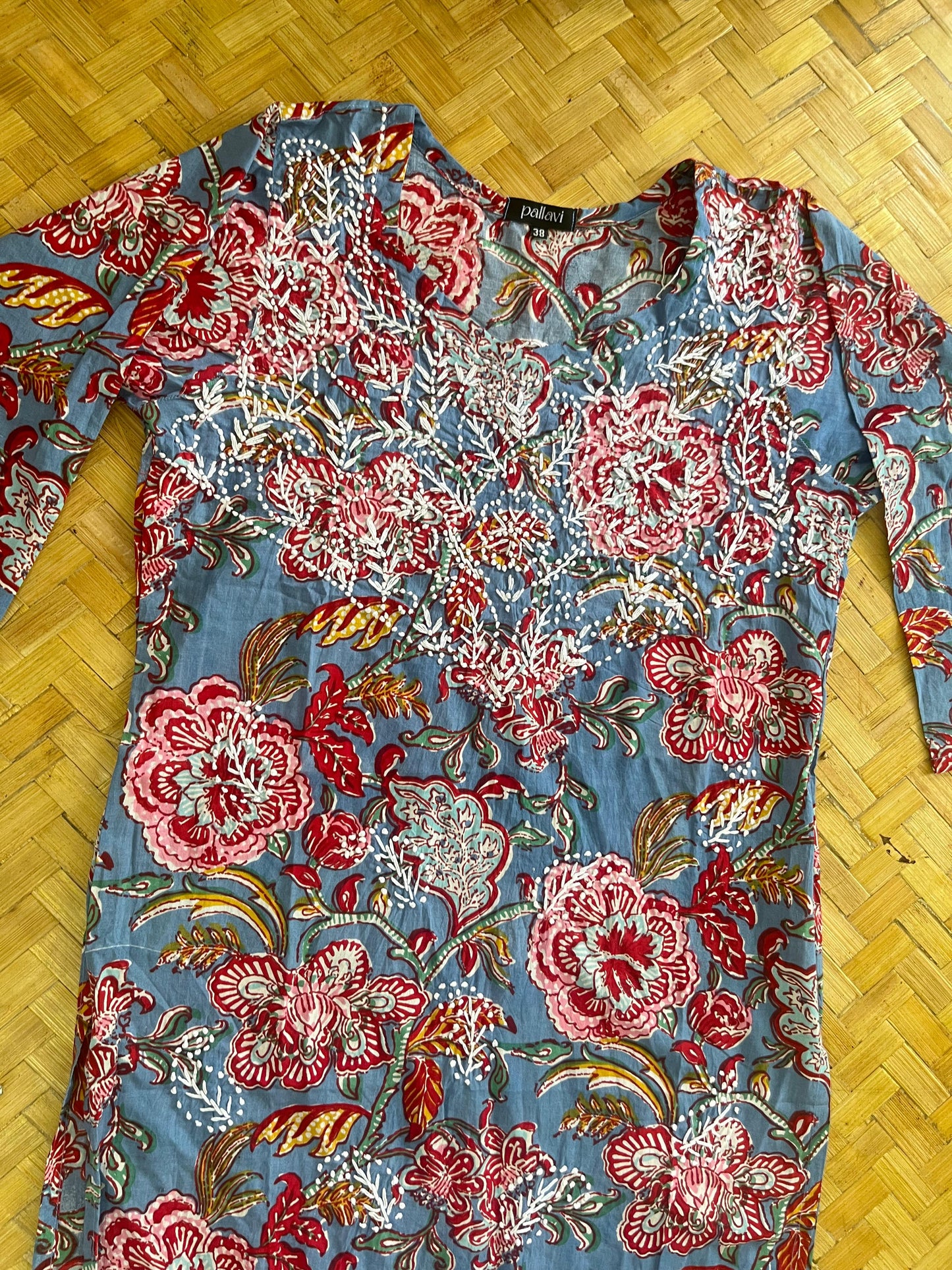 Straight Kurti - Floral Skyblue Red