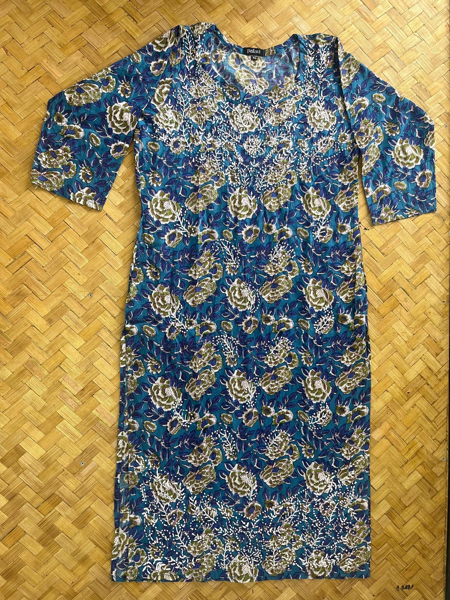 Straight Kurti and pant- Floral Blue green