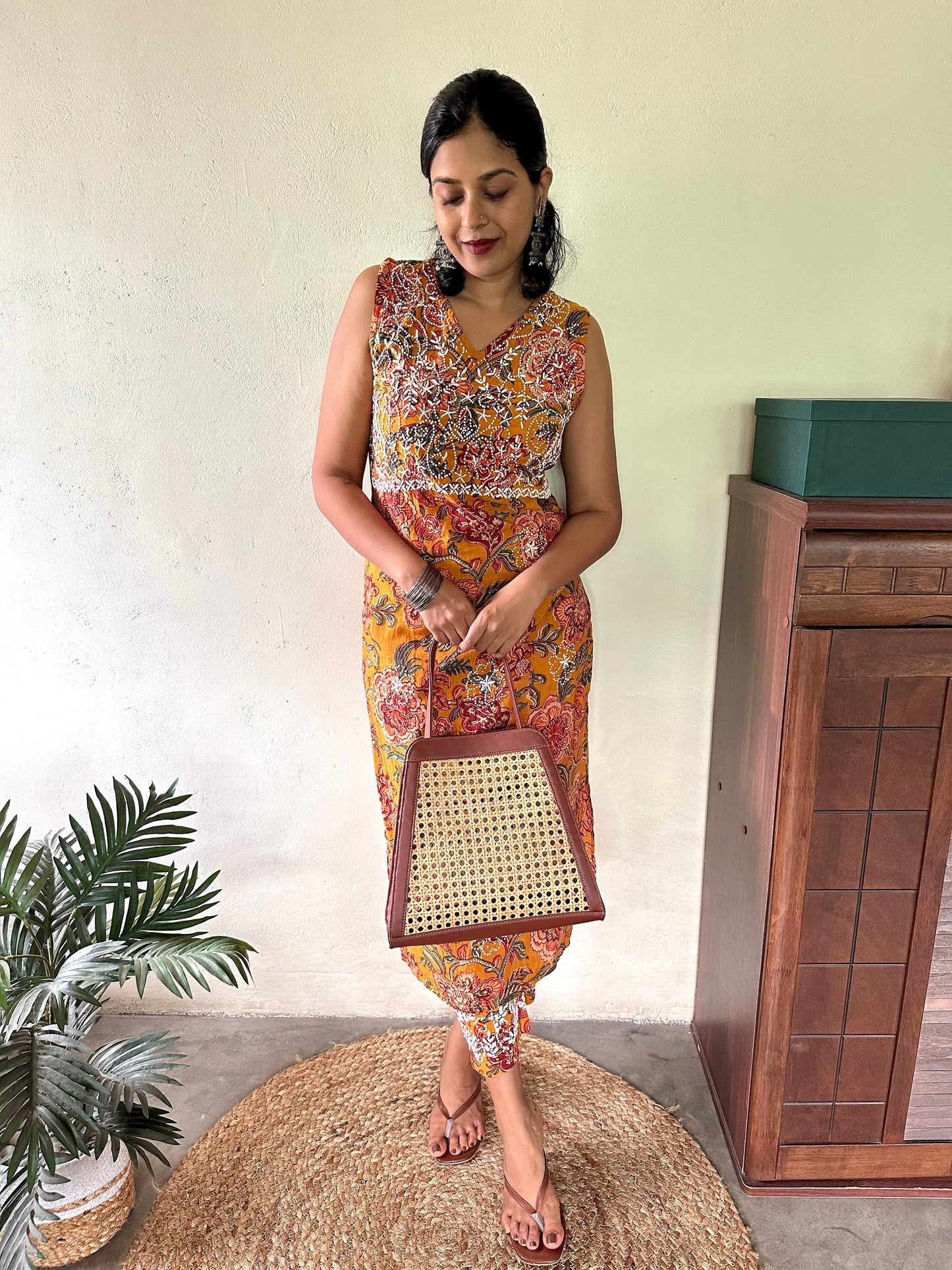 Straight Kurti and pant (Sleeveless) PRE-ORDER - Floral Yellow Red