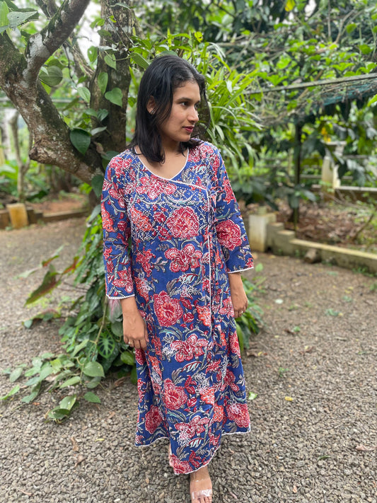 Angrakha Kurti and pant - Floral Blue Red