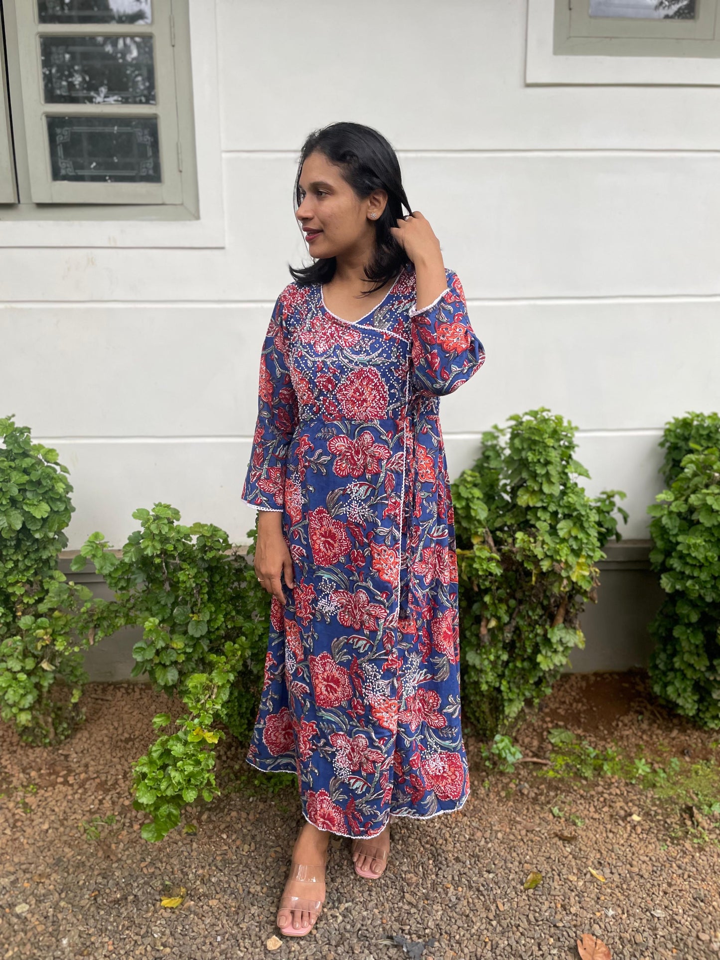 Angrakha Kurti and pant - Floral Blue Red