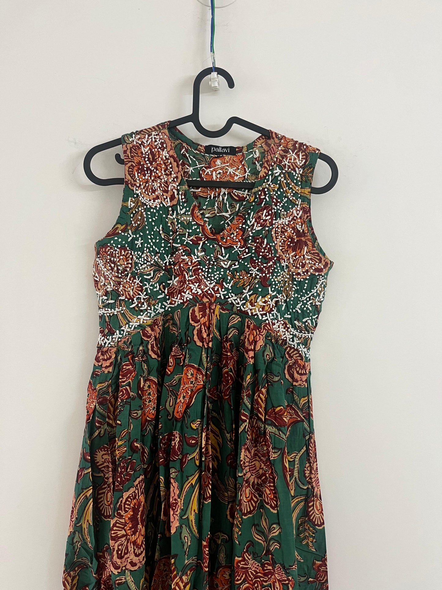 Aliya Cut Sleeveless (with work on front and back) - Floral Green Red