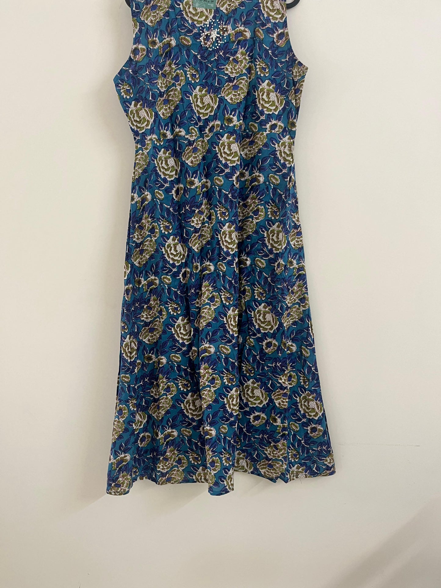 Sleeveless A-line Dress - Floral Blue green