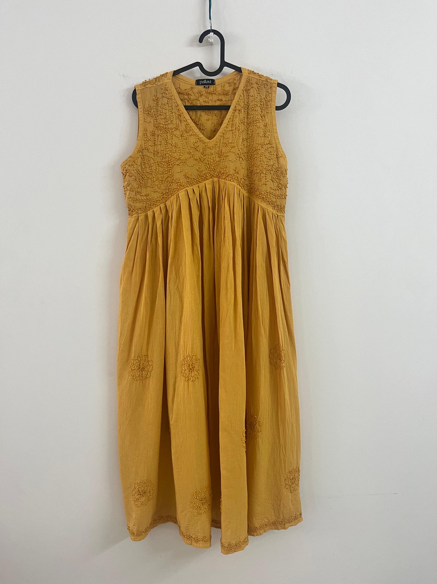 Sleeveless Aliya cut dress (with work on front and back)- Mustard Yellow