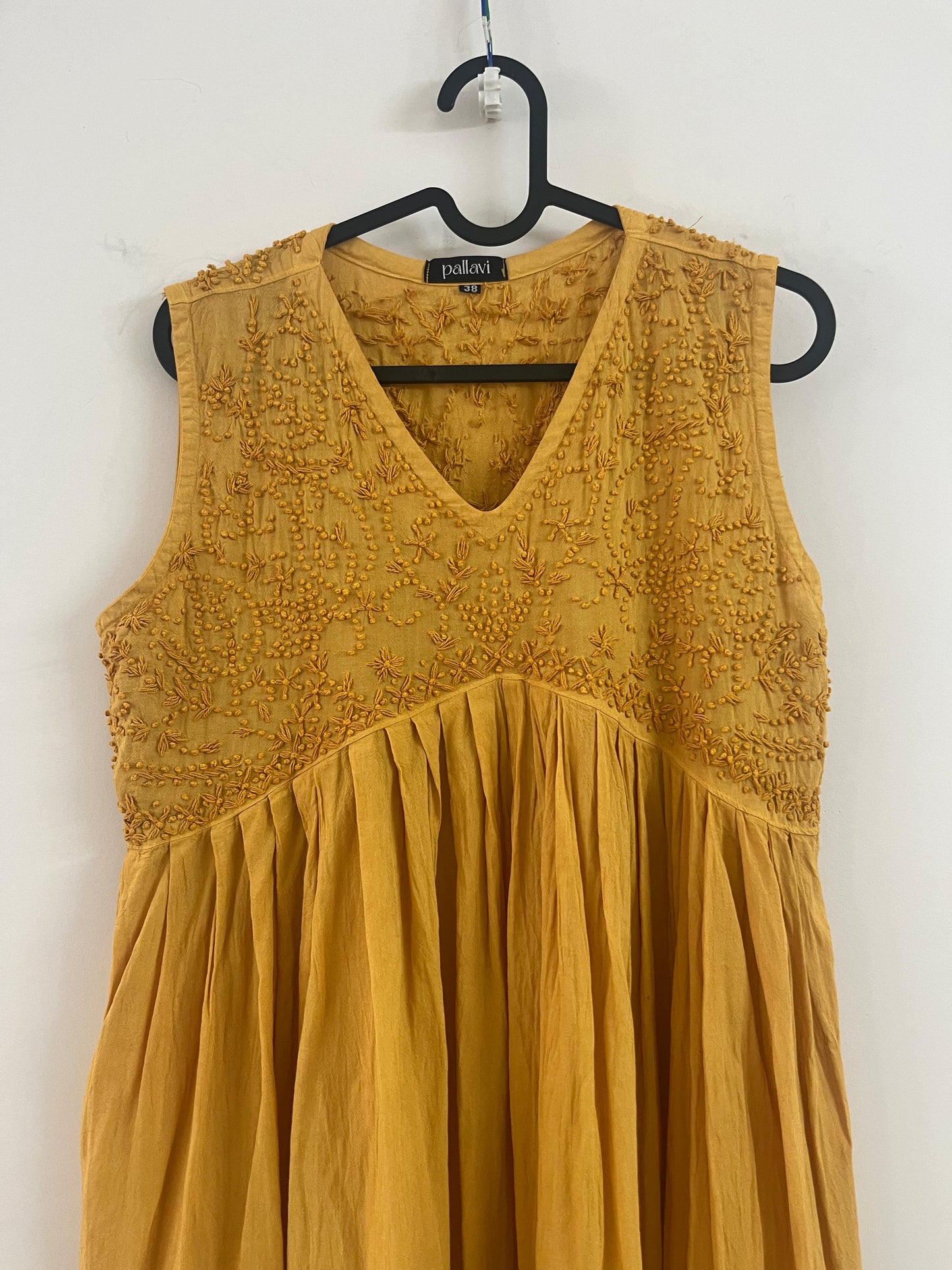 Sleeveless Aliya cut dress (with work on front and back)- Mustard Yellow