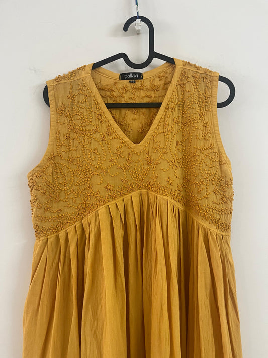 Sleeveless Aliya cut dress (with work on front and back)- Mustard Yellow