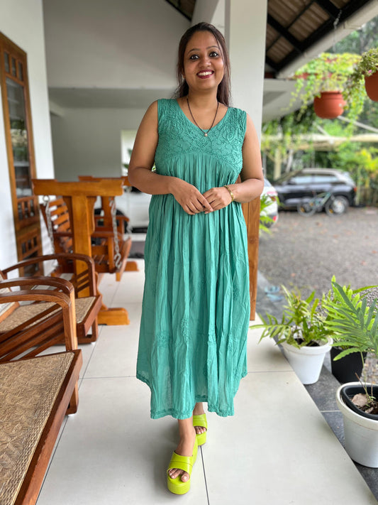 Sleeveless Aliya cut dress -Teal (with work on front and back)