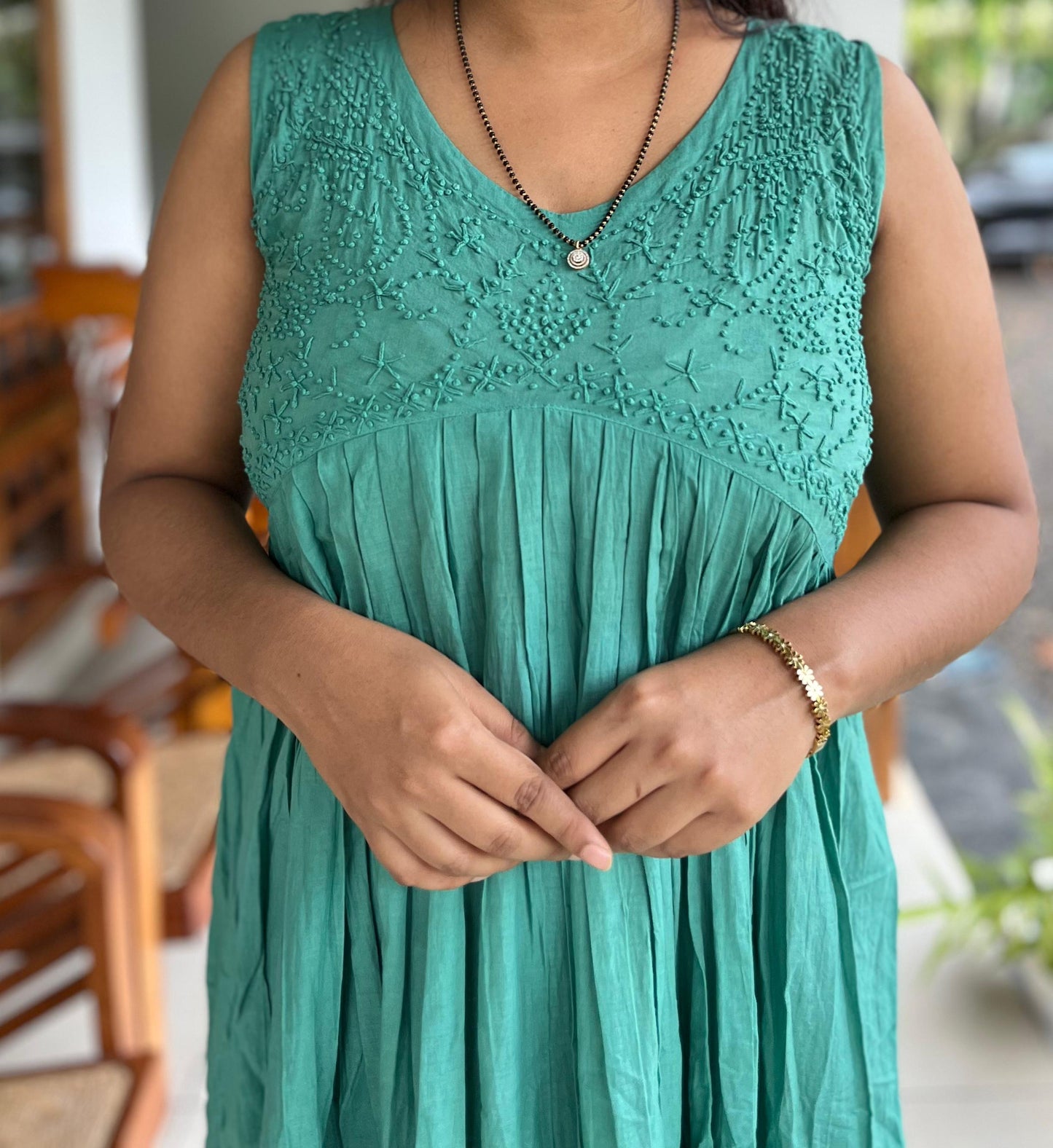 Sleeveless Aliya cut dress -Teal (with work on front and back)