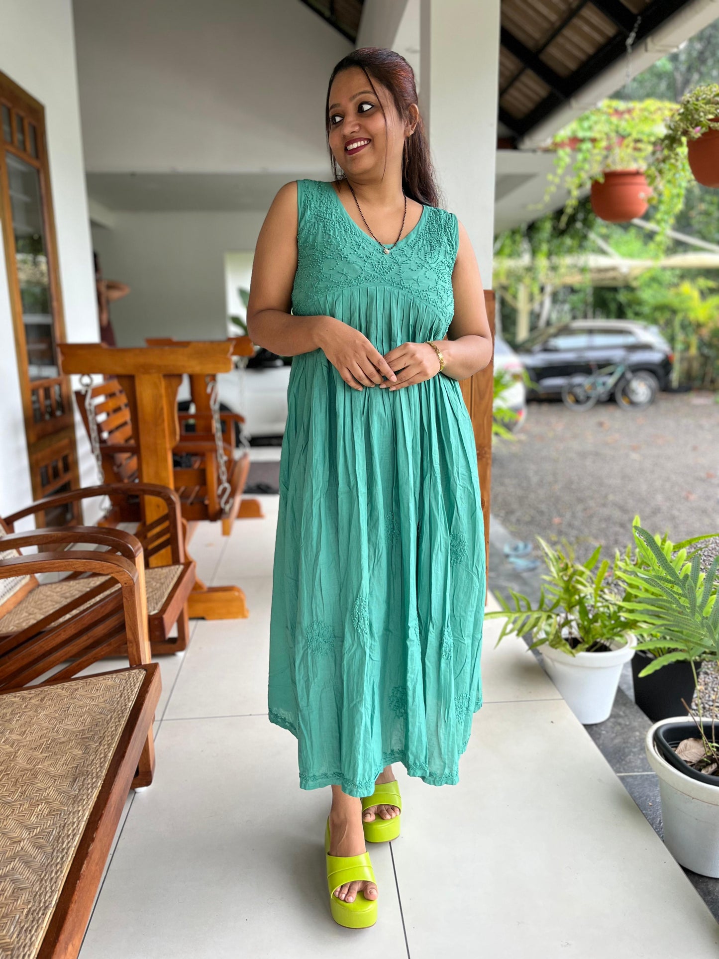 Sleeveless Aliya cut dress -Teal (with work on front and back)