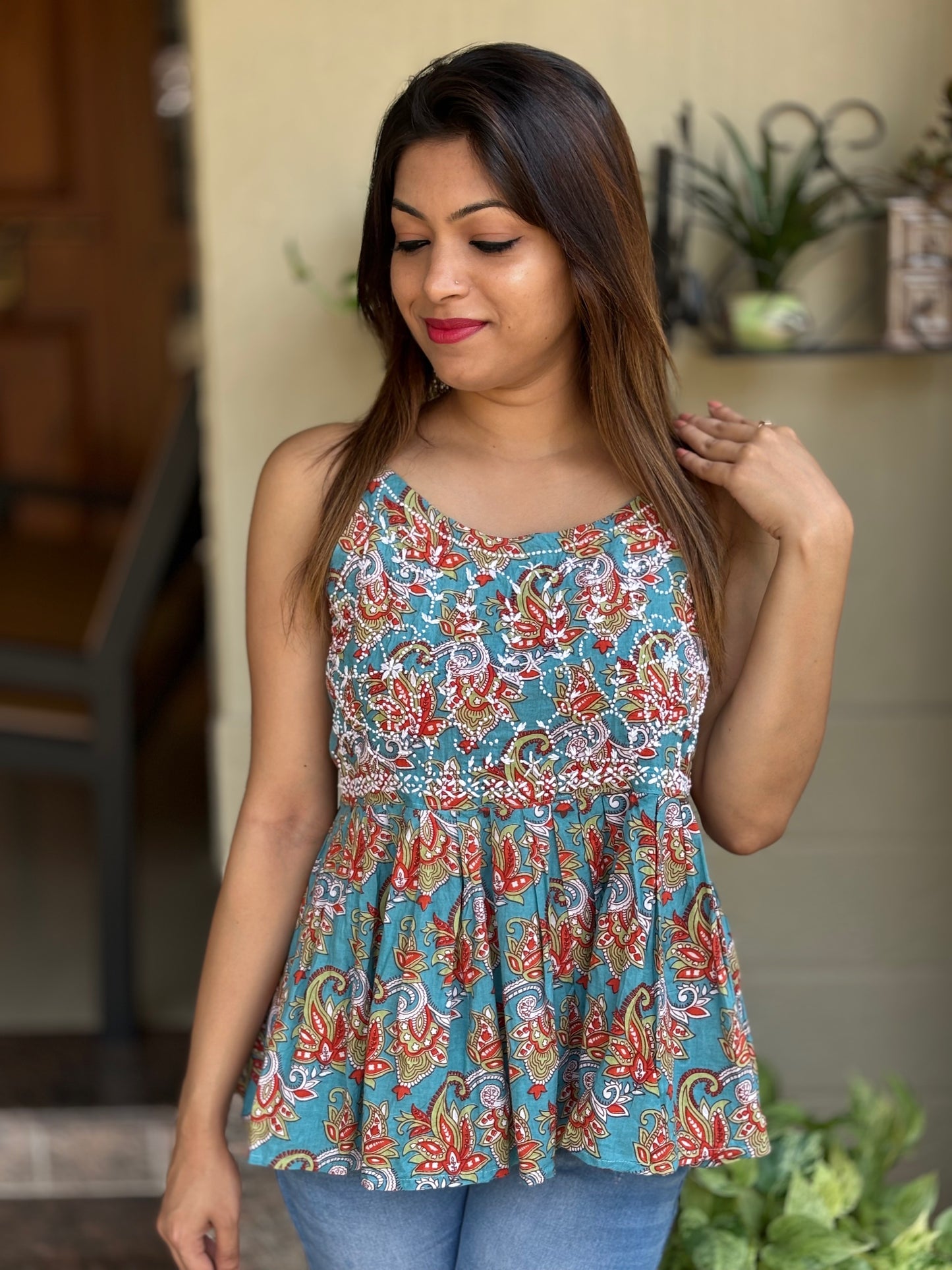 Flared Short Top - Floral Teal Red