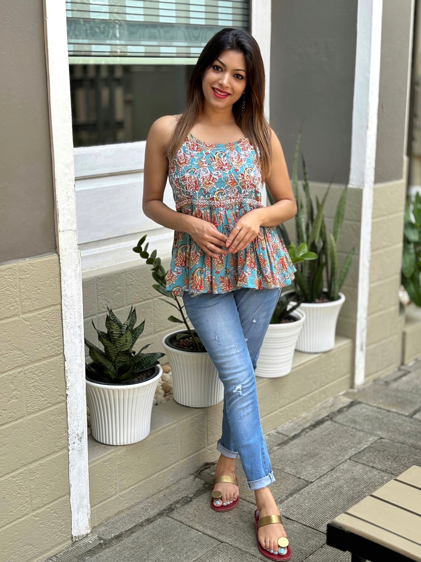 Flared Short Top - Floral Teal Red