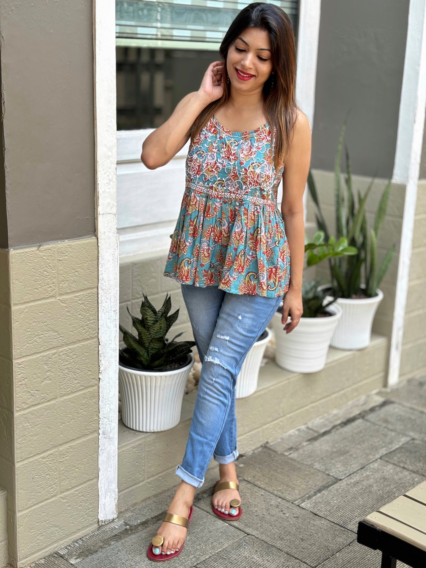 Flared Short Top - Floral Teal Red