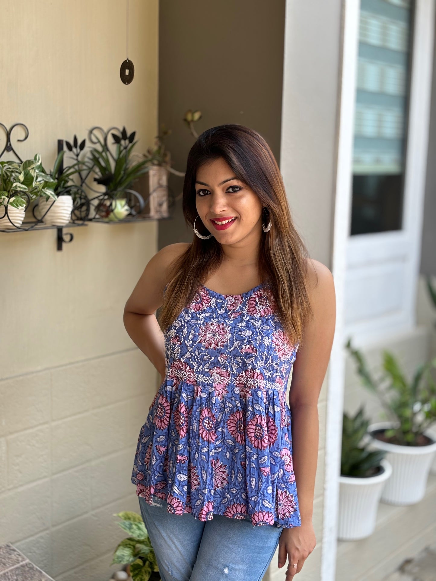 Flared Short Top - Floral Blue Pink