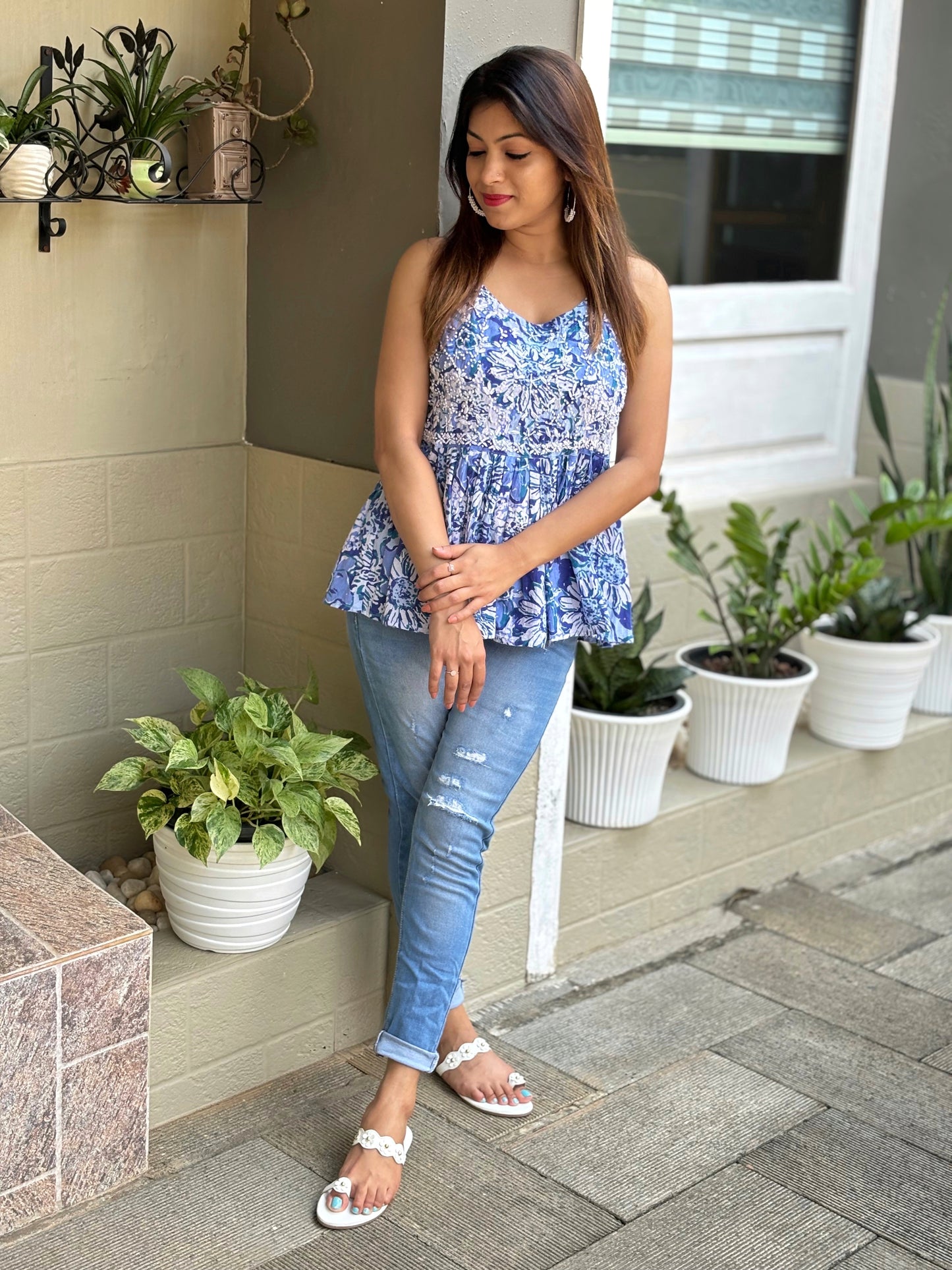 Flared Short Top - Floral Hues of Blue