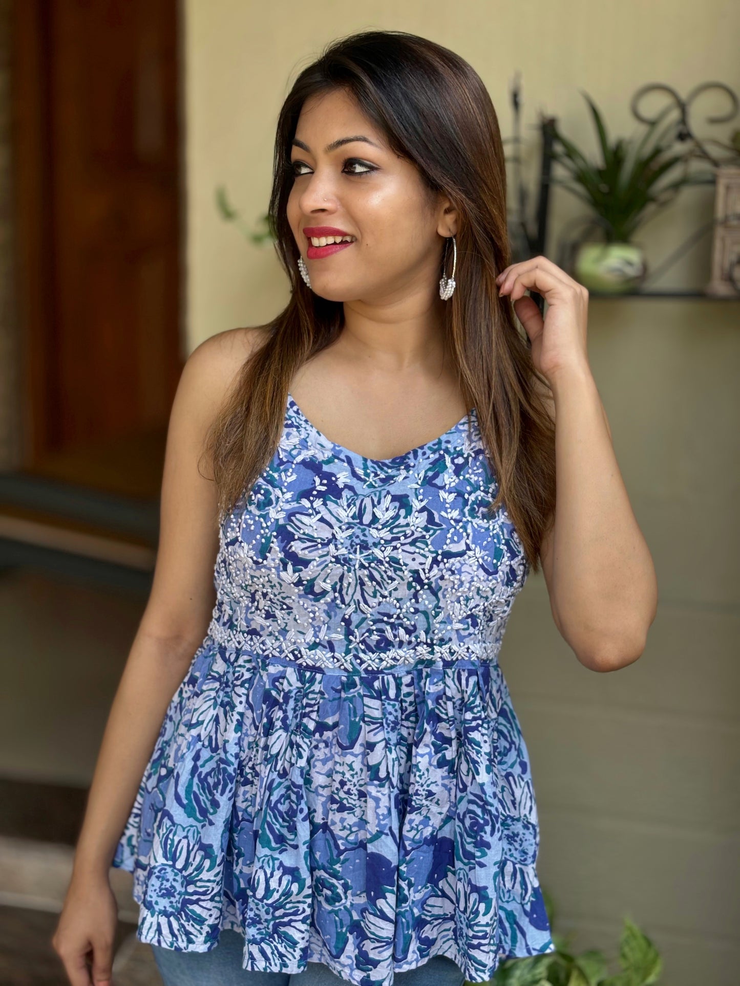 Flared Short Top - Floral Hues of Blue