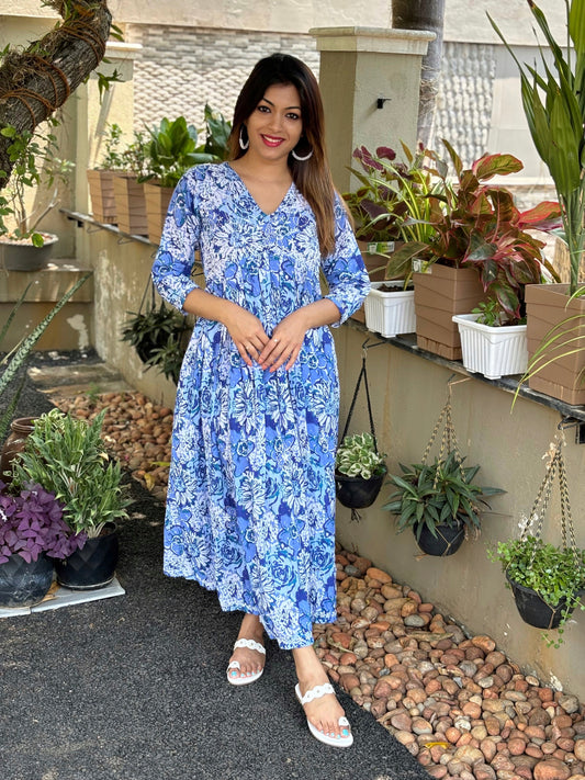 Aliya Cut Kurti/Dress - Floral Hues of Blue