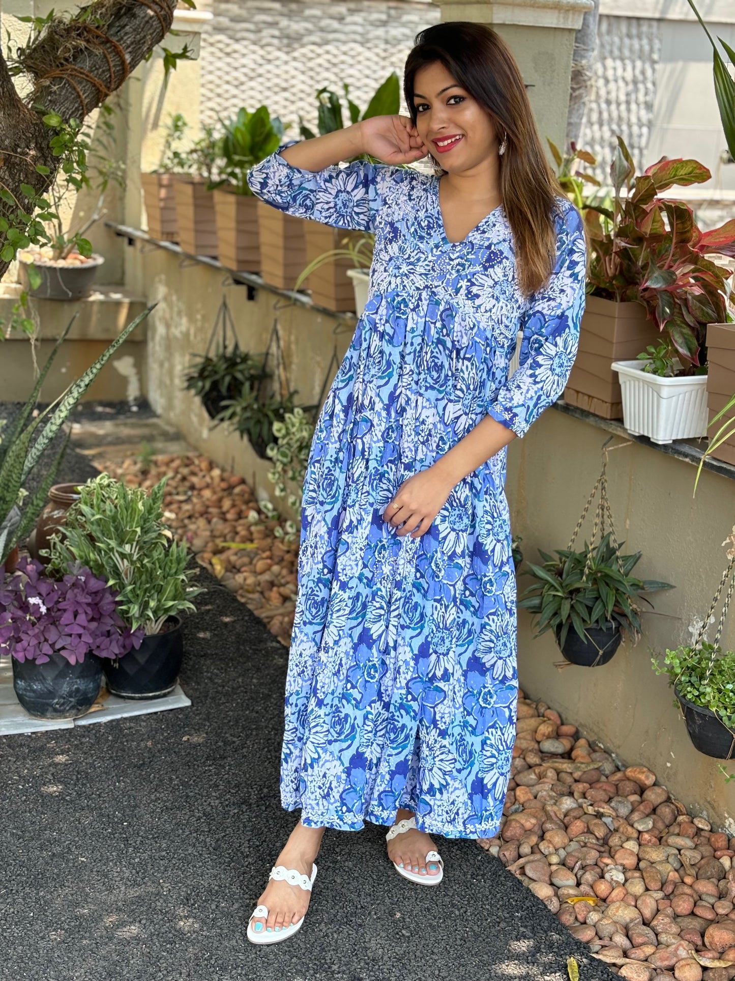 Aliya Cut Kurti/Dress - Floral Hues of Blue