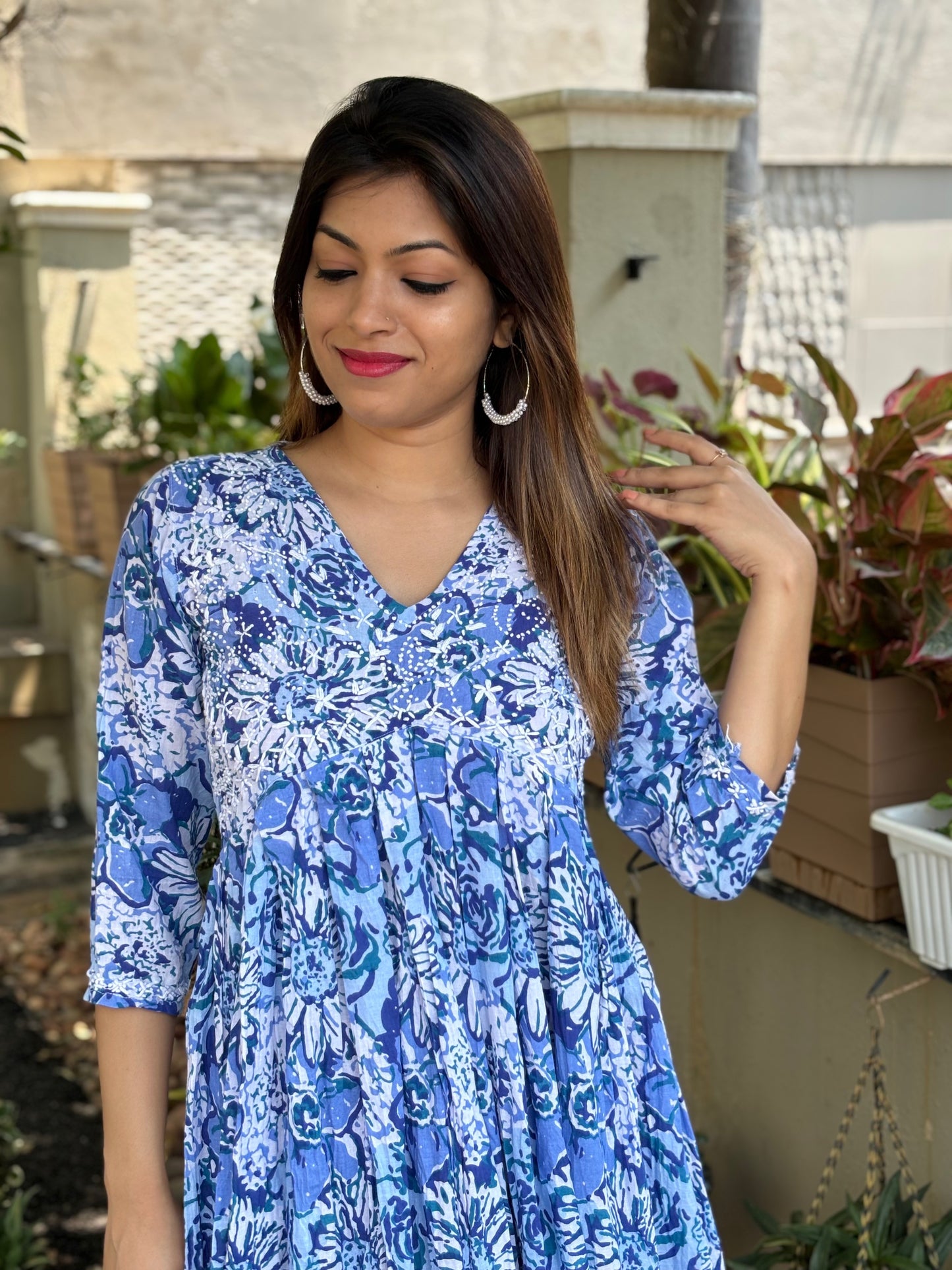 Aliya Cut Kurti/Dress - Floral Hues of Blue