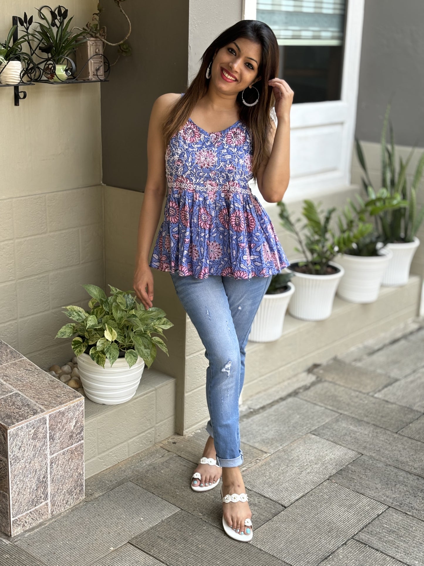 Flared Short Top - Floral Blue Pink