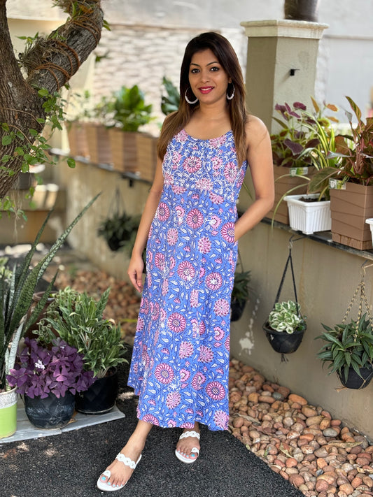 Sleeveless A-line Dress PRE-ORDER - Floral Blue Pink