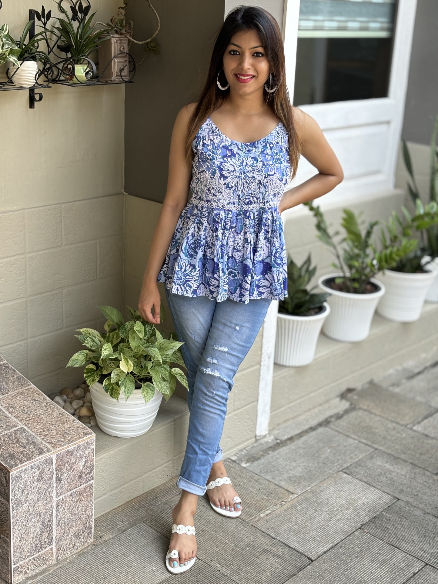 Flared Short Top - Floral Hues of Blue