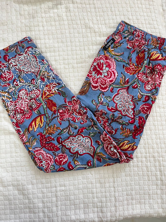 Printed Pants - Floral Sky blue Red