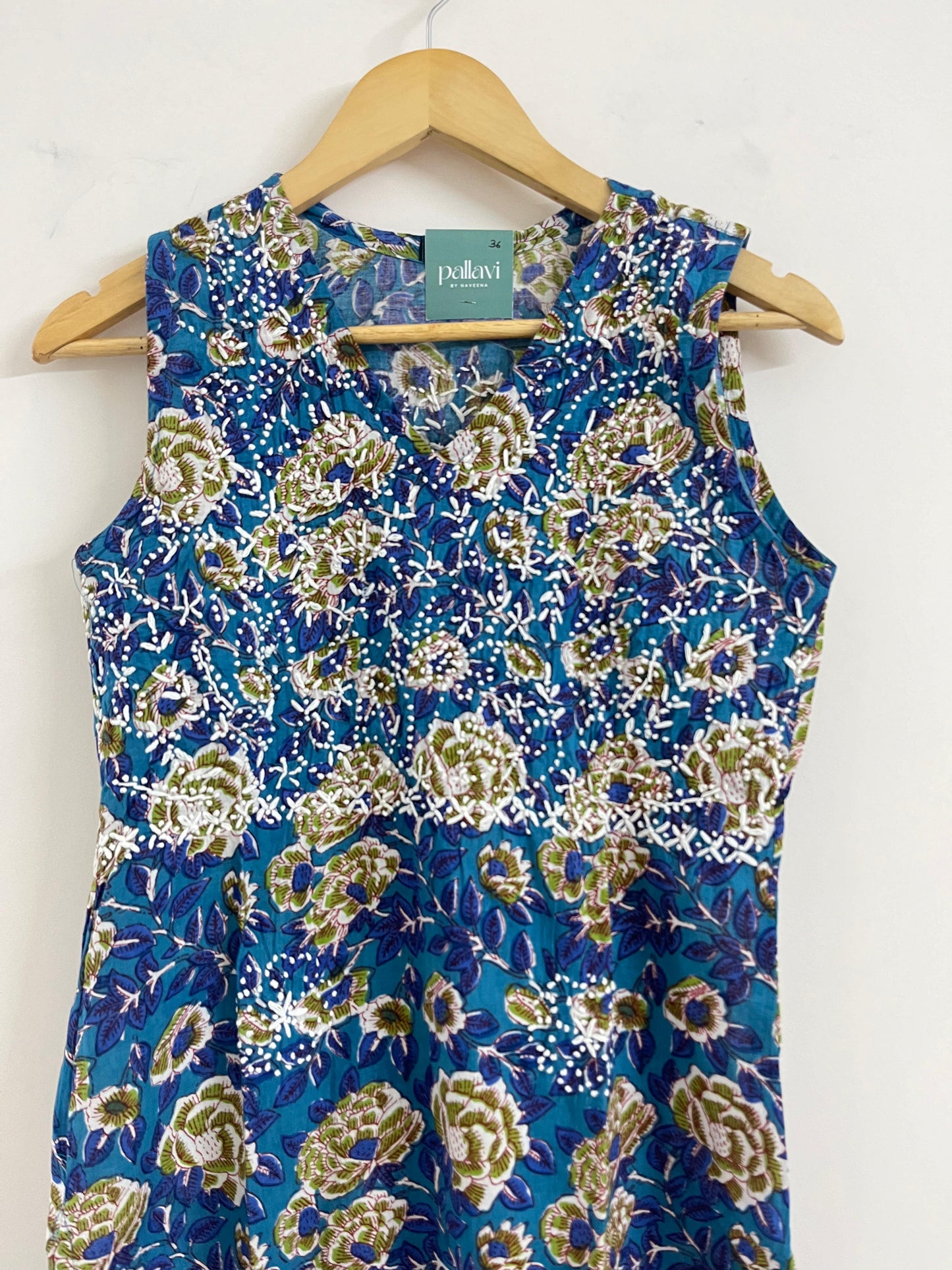 Straight Kurti and pant (Sleeveless) - Floral Blue Green