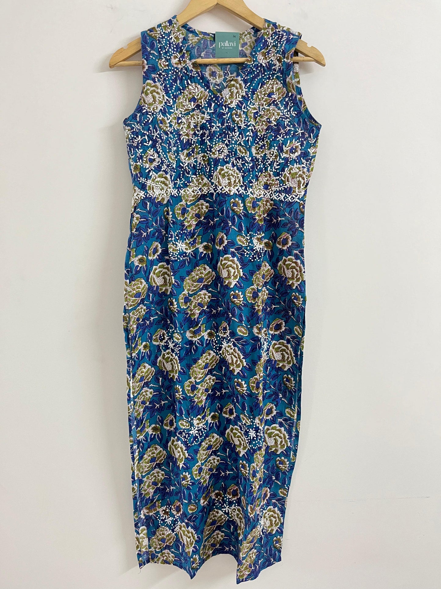 Straight Kurti Sleeveless - Floral Blue Green