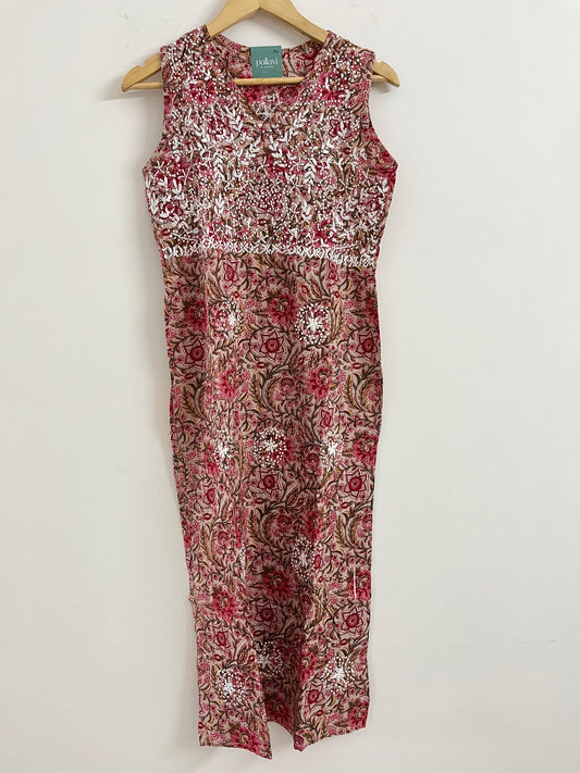 Sleeveless Straight Kurti and pant PRE-ORDER - Floral Peach Red