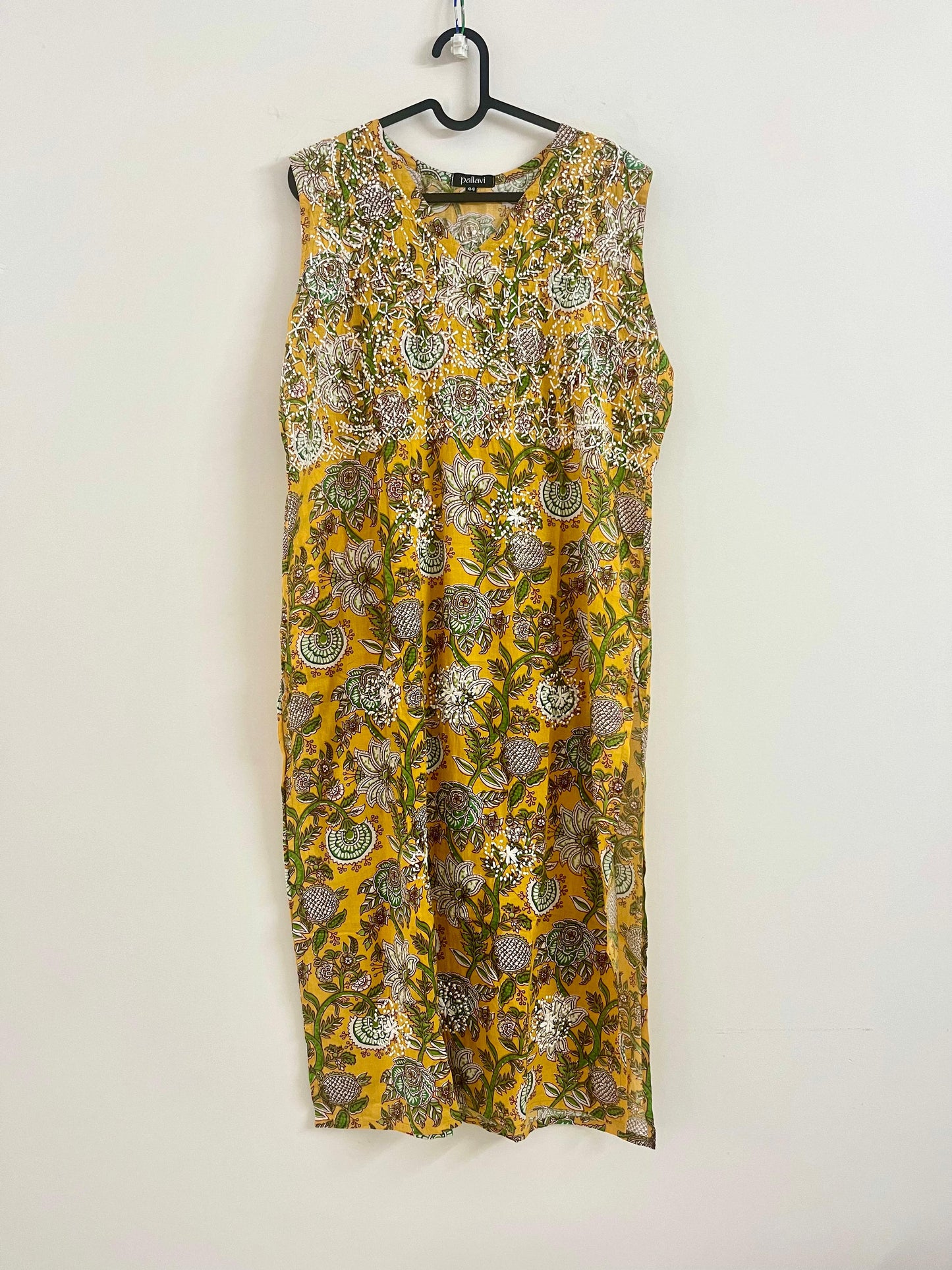 Straight Kurti and pant (Sleeveless) - Floral Yellow Green