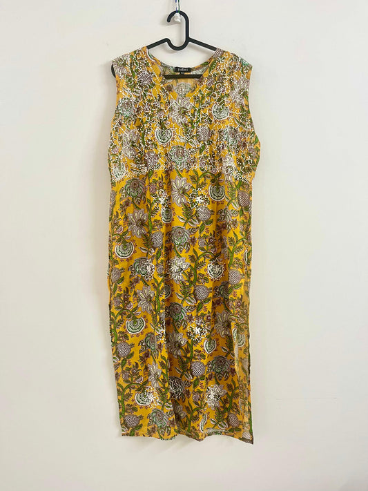 Straight Kurti and pant (Sleeveless) - Floral Yellow Green